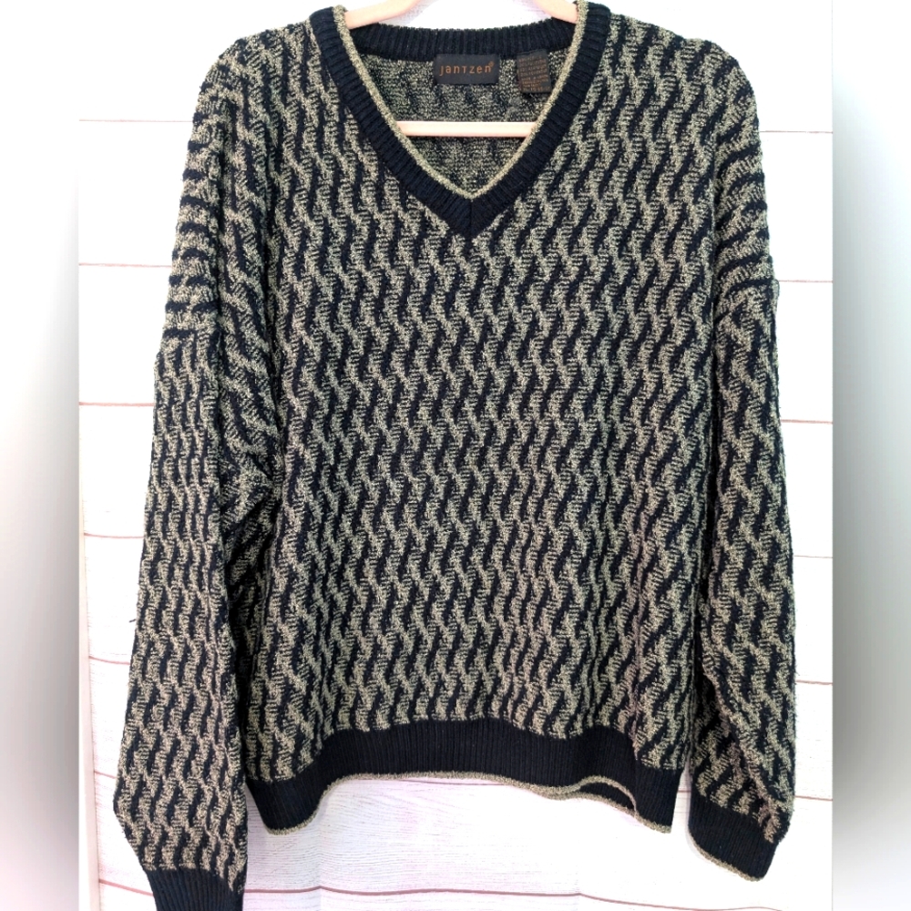 VINTAGE Jantzen Mens Black and Cream Knit V Neck Sweater Size XL